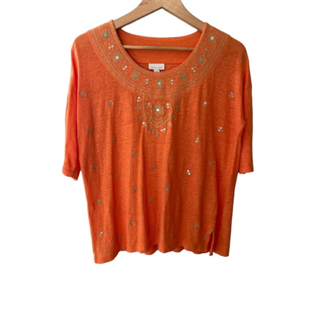 J. Jill Love Linen Embellished Top Blouse Bohemian Casual Orange XS